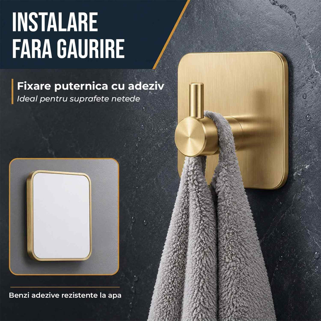 Set 6 Carlige Adezive Elindor® din Otel Inoxidabil, Montare Fara Gaurire, Greutate Mxima Suportata 10 kg, Design patrat si Colturi Rotunjite, Instalare Usoara, Ideal pentru Baie, Bucatarie sau Birou, 4.5 x 4.5 cm, Auriu