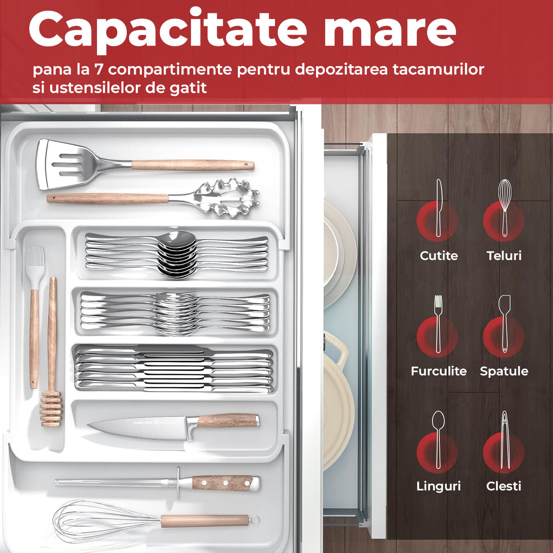 Organizator Extensibil Elindor® pentru Tacamuri si Ustensile de Bucatarie, 7 Compartimente, Sertar Extensibil 31 × 21.5 × 4 cm, Suport Ajustabil pentru Cutite, Linguri, Furculite, Alb