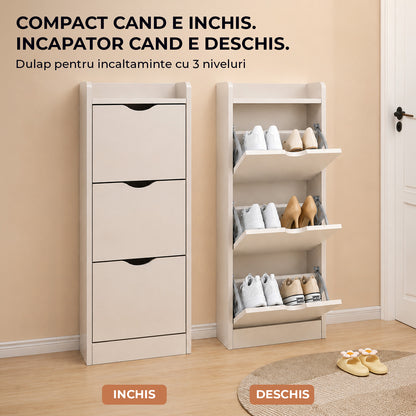 Organizator pentru Pantofi Elindor® Pantofar tip Dulap cu 3 Nivele Mari, Fara Gauri, Suport pentru Papuci, Dulap Hol, Living, Dormitor, Economisire Spatiu, Depozitare Incaltaminte, 50 x 17 x 120 cm, Bej