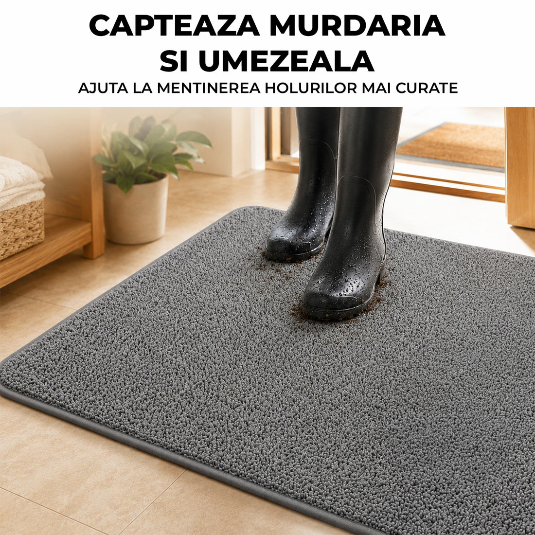 Covoras Antiderapant Elindor® pentru Intrare Casa, Lavabil la Masina, Super Absorbant, Moale, Durabil, Talpa Cauciucata Anti-Alunecare, Usor de Curatat, Pentru Interior si Exterior, 60 x 40 cm, Gri
