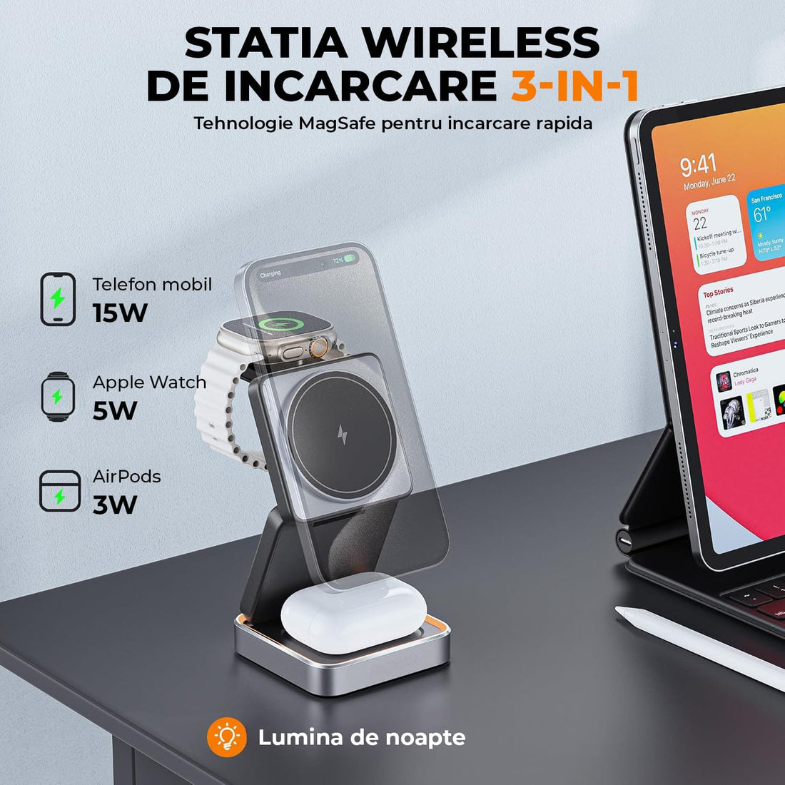 Incarcator Wireless 3 in 1 MagSafe Elindor®, Pliabil, Fast Charging 15W, Suport Magnetic pentru iPhone si Apple Watch