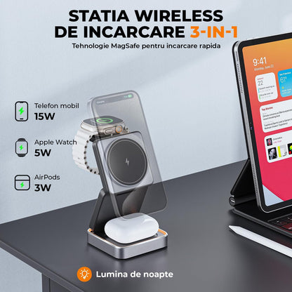 Incarcator Wireless 3 in 1 MagSafe Elindor®, Pliabil, Fast Charging 15W, Suport Magnetic pentru iPhone si Apple Watch