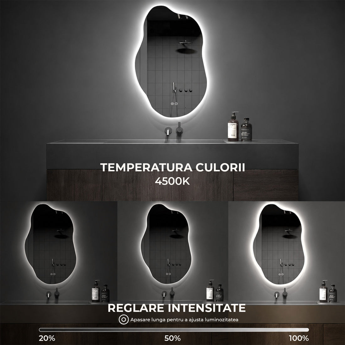 Oglinda de Perete Elindor® Asimetrica, fara Rama, Decorativa, Verticala / Orizontala, Eleganta, Ideala pentru Baie, Birou, Hol, Living, Dressing, Iluminare Led, Intensitate Ajustabila, Antiaburire, Tempera de Culoare 4500K, 85 x 52 cm