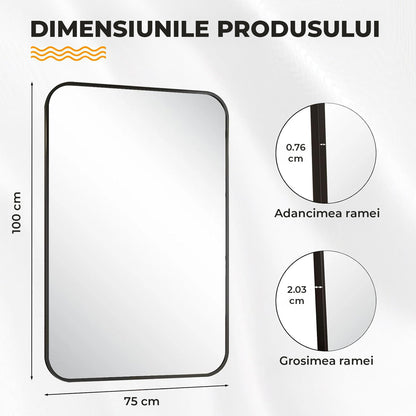 Oglinda Decorativa Elindor®  100x75cm Rama Neagra  Agatare pe Perete sau Sprijinita, Dreptunghiulara, Colturi Rotunjite, Moderna si Eleganta, Reflexie HD, Sticla fara Distorsiuni, Ideala pentru Dormitor, Living, Birou, Dressing, Hol, Baie,