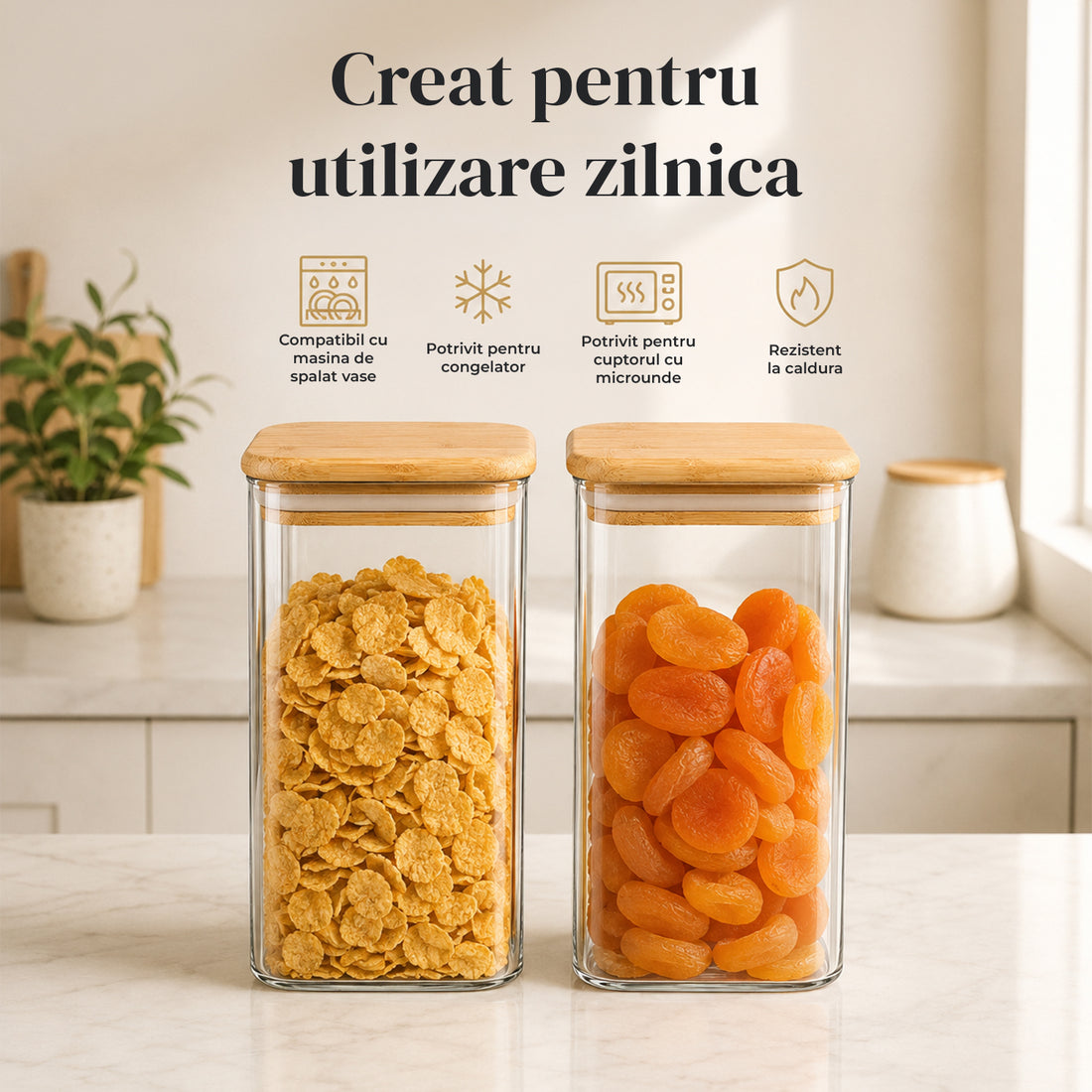 Set 2 Borcane din Sticla Elindor® cu Capac Ermetic din Bambus, Borcan 1200 ml, Marker si Etichete Incluse, Ideal pentru Condimente, Fructe Uscate, Cafea, Zahar, Recipient Depozitare in Bucatarie, 15 × 10 cm, Transparent