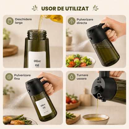 Pulverizator Ulei 2 în 1 Elindor®, Oliviera 470 ml, Sticla Dozatoare Multifunctionala, Control Precis, pentru Gatit, Friteuza cu Aer, Salate, Material Sticla si PVC, 18.1 x 7.7 cm, Negru