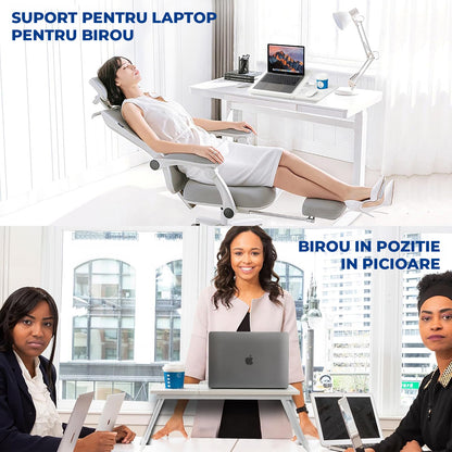 Masa Pliabila pentru Laptop Elindor® Suport Inaltime Reglabila 5 Trepte, Unghi Ajustabil, Antiderapanta, Usor de Depozitat, Birou Portabil cu Suport pentru Pahar si Mouse, Utilizare in Orice Loc, Ideala la Munca sau Mic Dejun la Pat, Alb