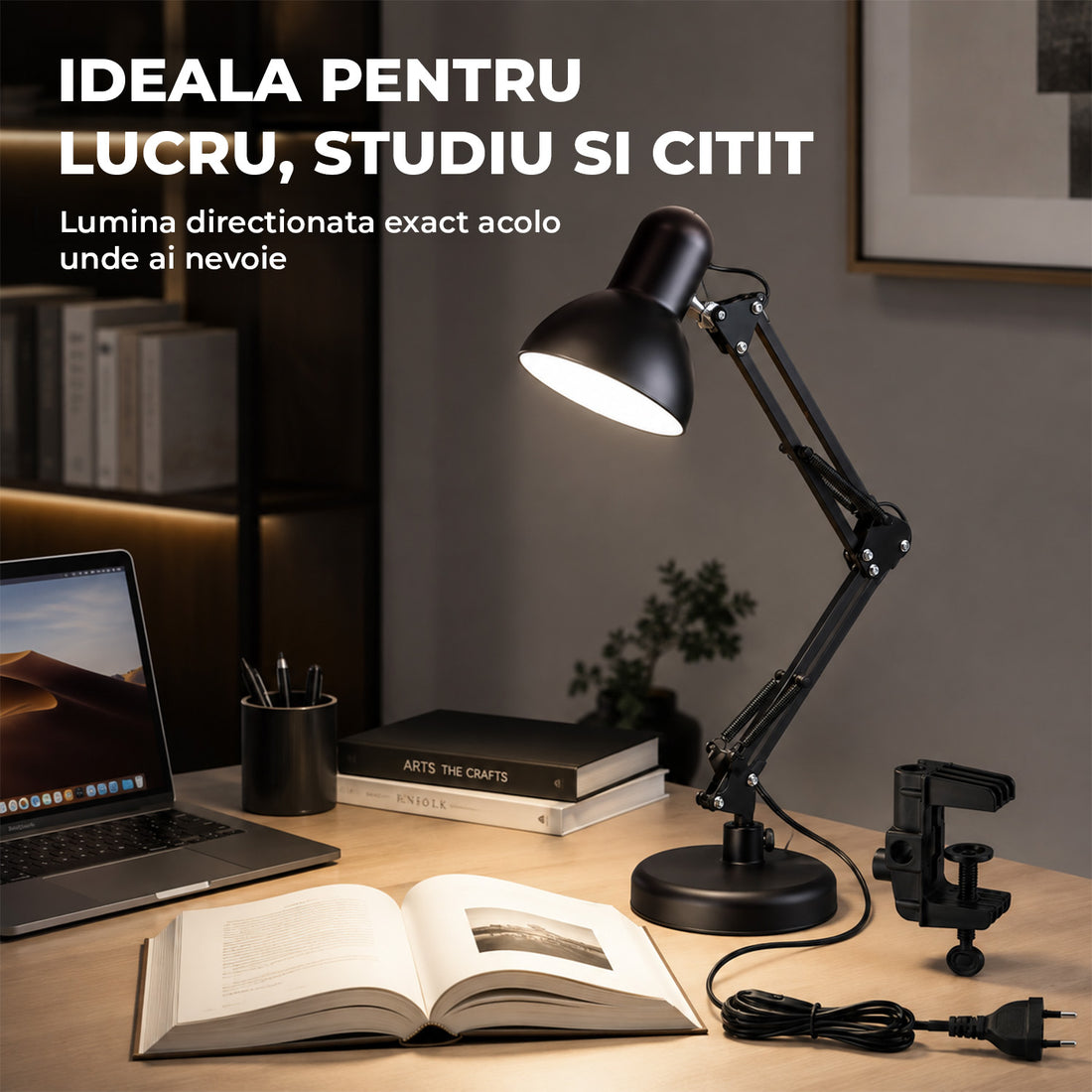 Lampa de Birou Elindor® Neagra cu LED, 3 Moduri Lumina Camera Rece/Cald si 10 Intensitati, Soclu Compatibil E26/E27, Veioza cu 2 Moduri de Utilizare cu Clema sau pe Birou, Brat Reglabil, Protectie pentru Ochi