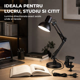 Lampa de Birou Elindor® Neagra cu LED, 3 Moduri Lumina Camera Rece/Cald si 10 Intensitati, Soclu Compatibil E26/E27, Veioza cu 2 Moduri de Utilizare cu Clema sau pe Birou, Brat Reglabil, Protectie pentru Ochi