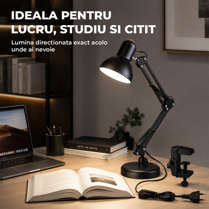 Lampa de Birou Elindor® Neagra cu LED, 3 Moduri Lumina Camera Rece/Cald si 10 Intensitati, Soclu Compatibil E26/E27, Veioza cu 2 Moduri de Utilizare cu Clema sau pe Birou, Brat Reglabil, Protectie pentru Ochi