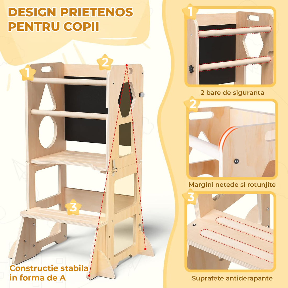 Turn de Invatare Elindor®, Design 3 in 1 Multifunctional pentru Copii, Scaun Montessori Pliabil cu Tabla de Scris, Bare pentru Protectie, Lemn Pin, Antialunecare, pentru Interior, 88 x 32 x 43 cm, Bej / Natur