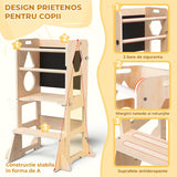 Turn de Invatare Elindor®, Design 3 in 1 Multifunctional pentru Copii, Scaun Montessori Pliabil cu Tabla de Scris, Bare pentru Protectie, Lemn Pin, Antialunecare, pentru Interior, 88 x 32 x 43 cm, Bej / Natur