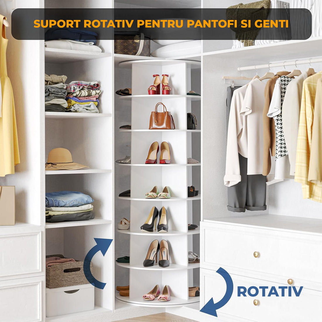 Organizator pentru Pantofi Elindor® Pantofar cu 4x 7 Nivele, Rotativ 360°, Suport pentru Papuci, Dulap Hol, Dormitor, Economisire Spatiu, Depozitare Incaltaminte, 59×59×160 cm, Alb