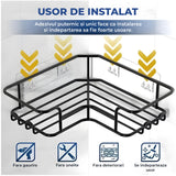 Set 3 Rafturi de Dus Elindor® Polita cu Adeziv, Etajera de Baie pentru Colt, Raft cu Carlige, Suport Prosop si Sapun, din Inox, Organizator Baie sau Etajere Depozitare in Bucatarie, Accesorii, 23 x 8.3 x 23 cm, Negru
