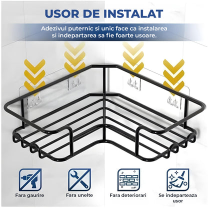 Set 3 Rafturi de Dus Elindor® Polita cu Adeziv, Etajera de Baie pentru Colt, Raft cu Carlige, Suport Prosop si Sapun, din Inox, Organizator Baie sau Etajere Depozitare in Bucatarie, Accesorii, 23 x 8.3 x 23 cm, Negru