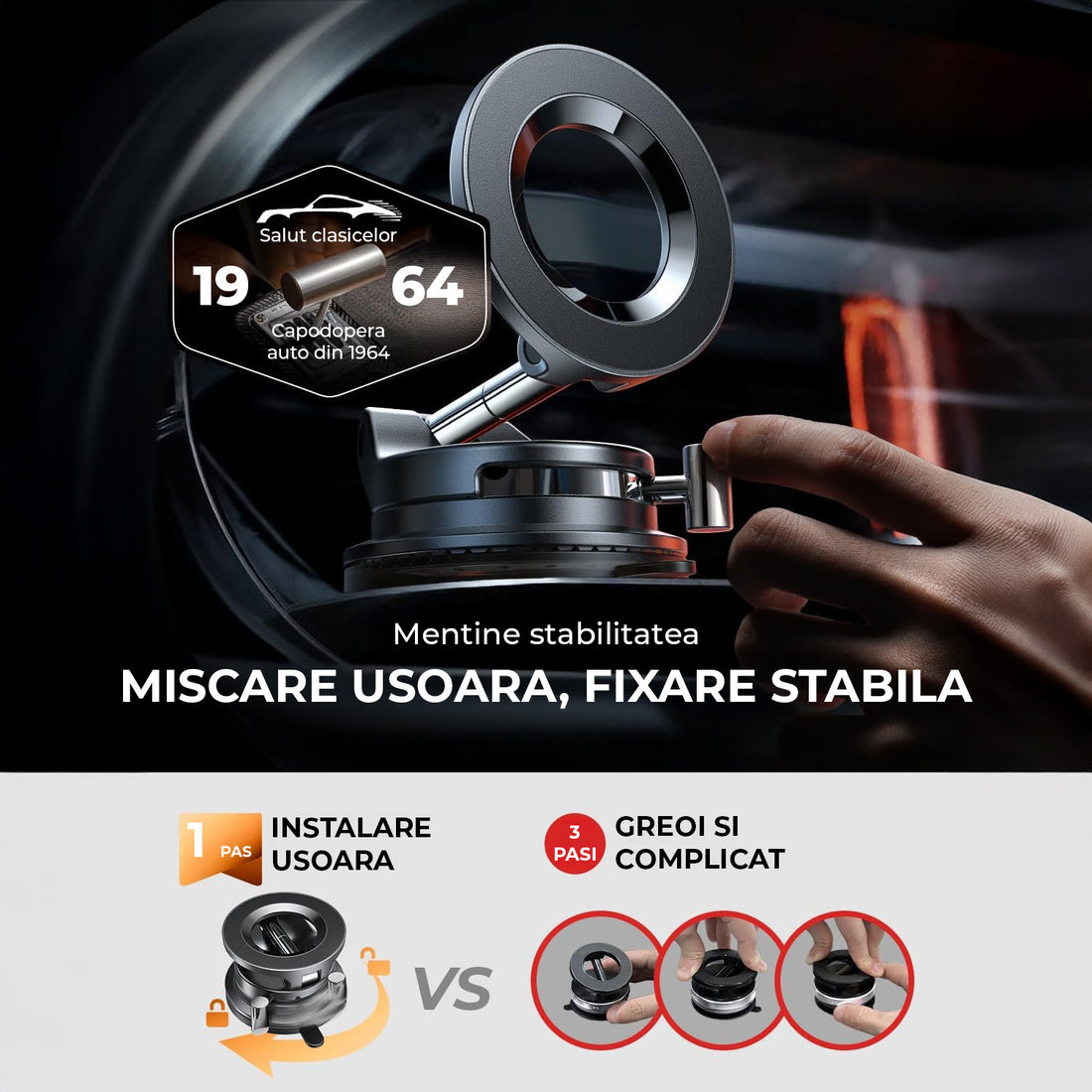 Suport Auto Telefon Elindor® cu Ventuza pentru Parbriz, Bord sau Oglinda, Magsafe, Compatibil 5.4-7.9 inch, pentru Iphone, Ajustabil 360°, Flexibil, Pliabil, Orizontal / Vertical, Accesorii Masina, 4 x 5.8 cm, Negru