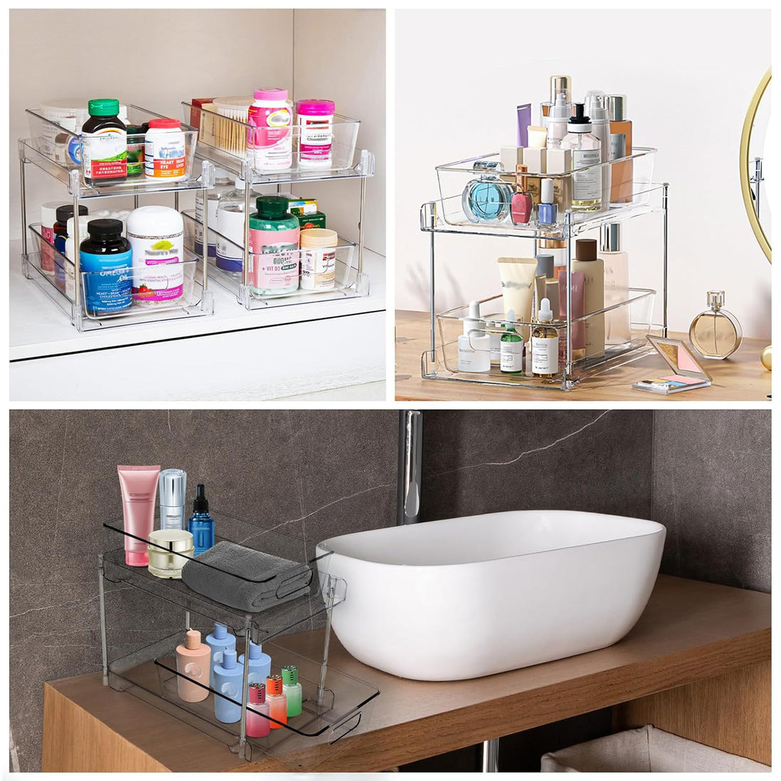 Organizator Transparente Elindor® cu 2 Nivele, Recipient de Depozitare Multifunctional si Glisant, Organizator pentru Dulapul de sub Chiuveta din Baie si Bucatarie, 30 × 19 × 25.5 cm, Acrilic