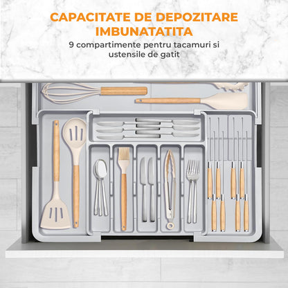 Organizator Extensibil Elindor® pentru Tacamuri si Ustensile de Bucatarie, 9 Compartimente, Sertar Extensibil 36.8-48.3 cm si 33.5 – 55.9 cm, Suport Ajustabil pentru Cutite, Linguri, Furculite, Gri