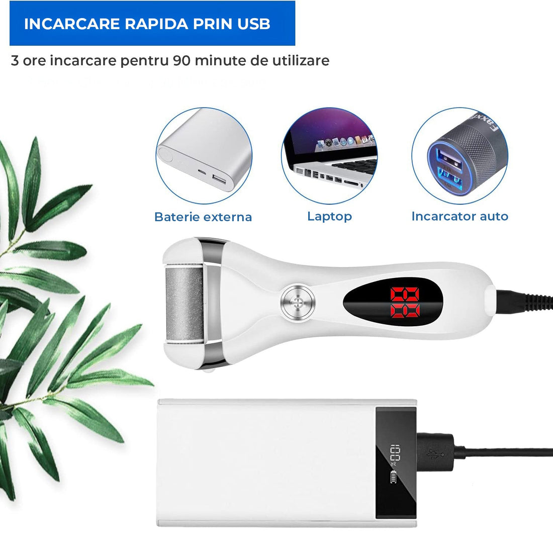 Pila Electrica Elindor® pentru Talpi si Calcaie, cu 3 Role de Slefuire, Display Digital, Rezistenta la Apa, Incarcare USB, 2 Viteze, Alb