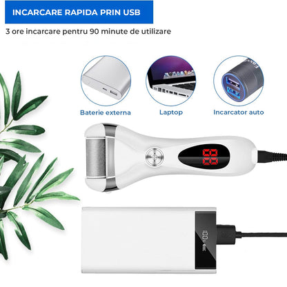 Pila Electrica Elindor® pentru Talpi si Calcaie, cu 3 Role de Slefuire, Display Digital, Rezistenta la Apa, Incarcare USB, 2 Viteze, Alb