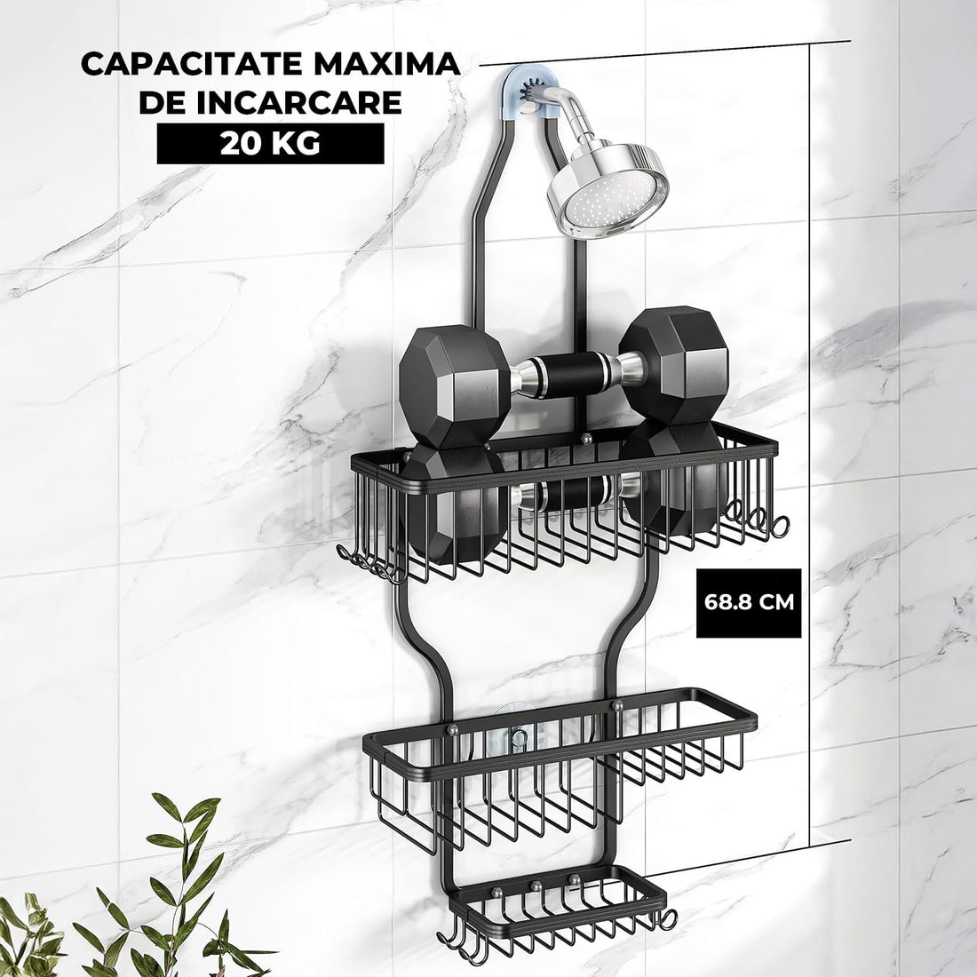 Suport Săpun și Etajere Duș Elindor®, Lipire Adeziv, 10 Cărlinge, Capacitate 20kg, Negru