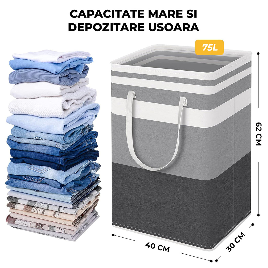 Set 2 Cosuri de Rufe Elindor® Ideal pentru Haine Murdare, Jucarii, Diverse Obiecte, Recipient Sortare Rotund de 75 L, pentru Casa, Baie, Living, Hol, Camera Copiilor sau Hotel, 40 x 30 x 62 cm, Impletit din Franghie din PEVA, Gri
