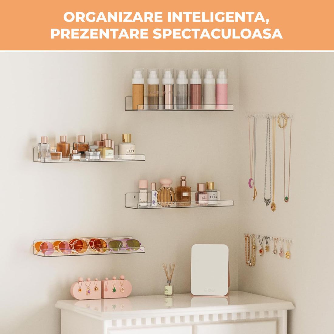 Set 4 Rafturi Elindor® Raft Suspendat de Depozitare, Mobila Bucatarie, Dormitor, Baie sau Birou, Etajera Practica cu Design Aerisit, Usor de Asamblat, Perfecta pentru Organizare Carti, Condimente, Decoratiuni, Polita Produse Diverse, 38 x 10 x 1.5 x 5 cm,