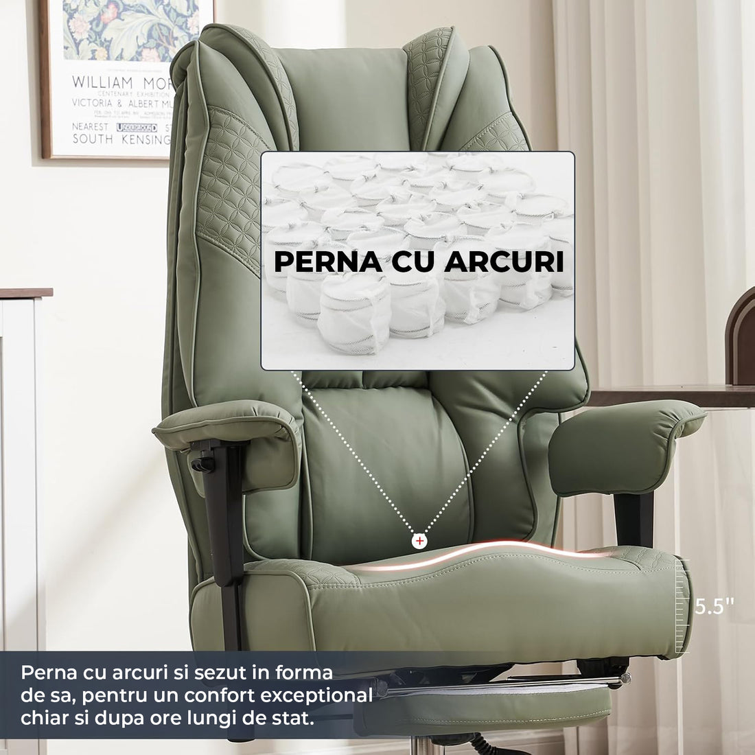 Scaun de Birou Elindor® Ergonomic, Design Contemporan, Scaun cu Spatar si Manere, din Piele PU cu Suport pentru Picioare si Roti, Latime Sezut 58 cm, Inaltime intre 48-56 cm, Verde
