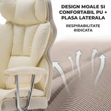 Scaun de Birou Elindor® Ergonomic, Design Contemporan, Scaun cu Spatar si Manere, din Piele PU cu Suport pentru Picioare si Lombar, cu Roti, 52 x 60 x 127 cm, Bej