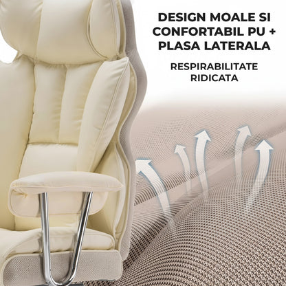 Scaun de Birou Elindor® Ergonomic, Design Contemporan, Scaun cu Spatar si Manere, din Piele PU cu Suport pentru Picioare si Lombar, cu Roti, 52 x 60 x 127 cm, Bej
