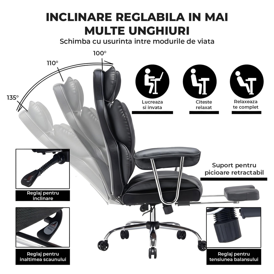 Scaun de Birou Elindor® Ergonomic, Design Contemporan, Scaun cu Spatar si Manere, din Piele PU cu Suport pentru Picioare si Lombar, cu Roti, 52 x 60 x 127 cm, Negru
