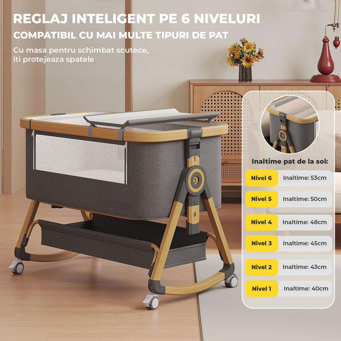 Patut Pliabil Bebelusi Elindo® 3 in 1, Copii 0-12 luni, Leagan Bebe pe 2 Etaje, Cos Depozitare, 6 Trepte de Inaltime Reglabila, Portabil, Plasa Laterala, Roti cu Sistem Blocare, Saltea Integrata, Greutate Maxima 15 kg, Gri