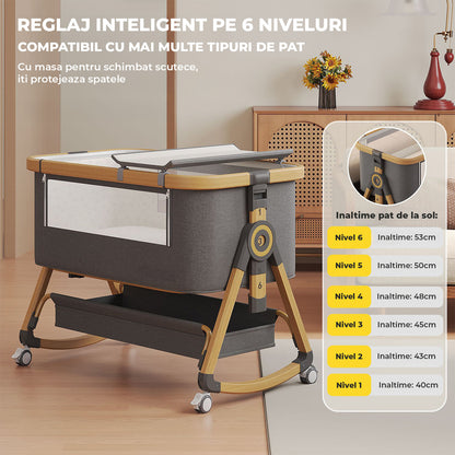 Patut Pliabil Bebelusi Elindo® 3 in 1, Copii 0-12 luni, Leagan Bebe pe 2 Etaje, Cos Depozitare, 6 Trepte de Inaltime Reglabila, Portabil, Plasa Laterala, Roti cu Sistem Blocare, Saltea Integrata, Greutate Maxima 15 kg, Gri