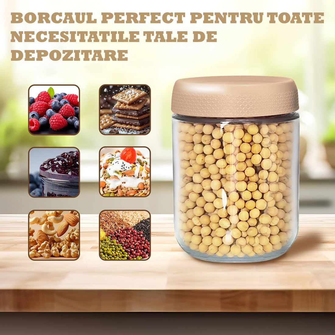 Set 6 Recipiente Sticlă Elindor® pentru Depozitare Alimente Tip Borcan - 475ml
