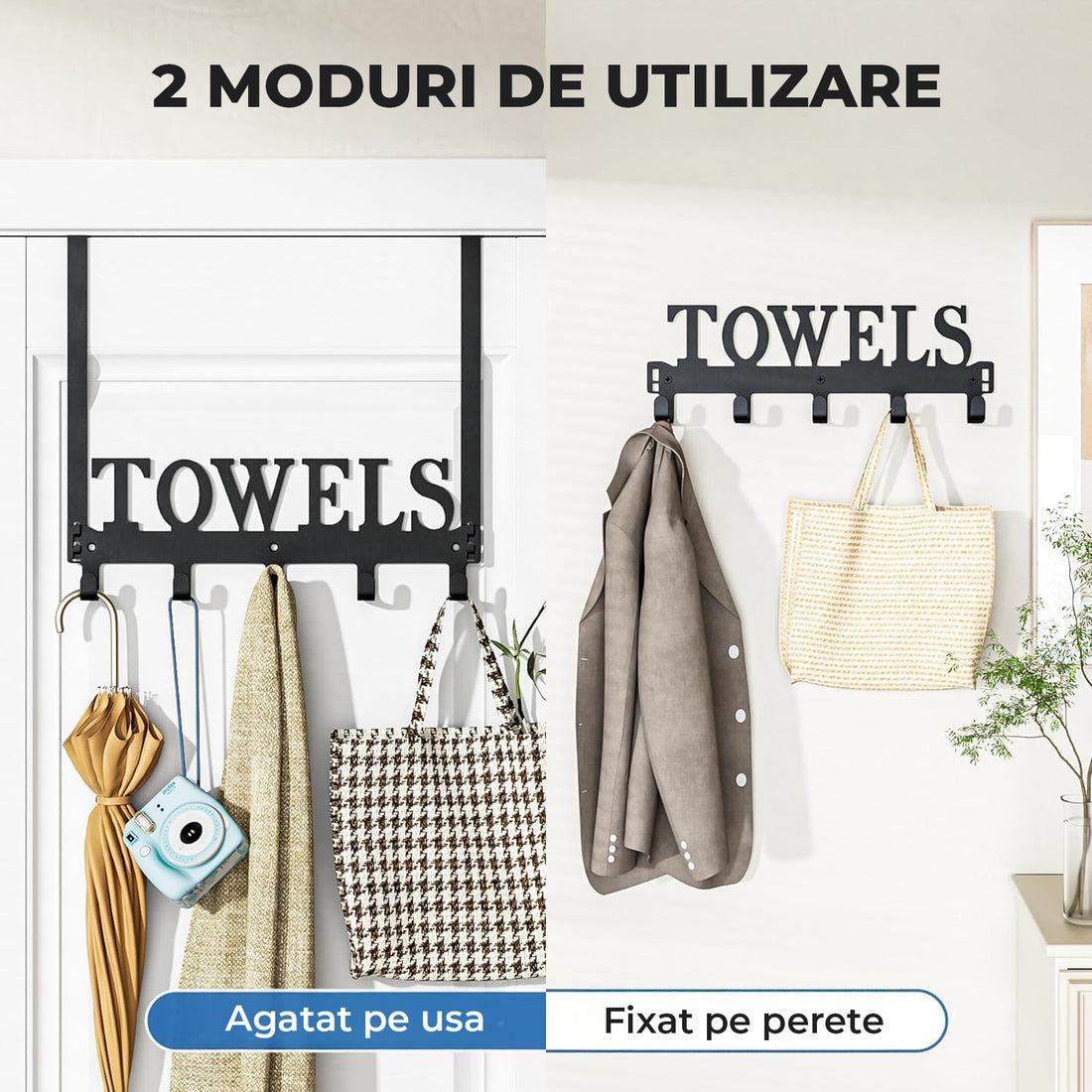 Suport Prosop Elindor® Polita cu Sistem de Agatare sau Prindere pe Perete, cu 5 Carlige, pentru Dus, Organizare in Bucatarie sau Organizator Baie, Accesorii, 38 x 26.3 x 4.5 cm, Negru