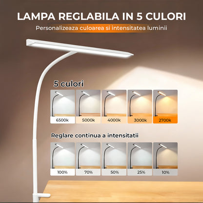 Lampa de Birou Elindor® Ultra-Wide, Alba cu LED, Nivel de Luminozitate Reglabil de la 2700K pana la 6500K, Veioza cu Clema Metalica si Brat Reglabil, Protectie pentru Ochi, Inaltime Totala 66 cm, Latime 40 cm