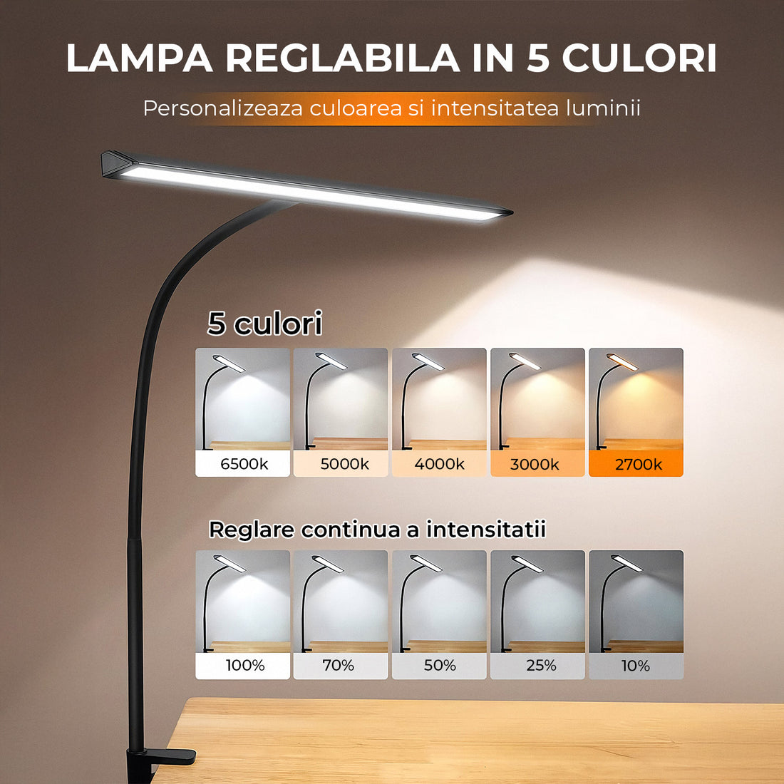 Lampa de Birou Elindor® Ultra-Wide, Neagra cu LED, Nivel de Luminozitate Reglabil de la 2700K pana la 6500K, Veioza cu Clema Metalica si Brat Reglabil, Protectie pentru Ochi, Inaltime Totala 66 cm, Latime 40 cm
