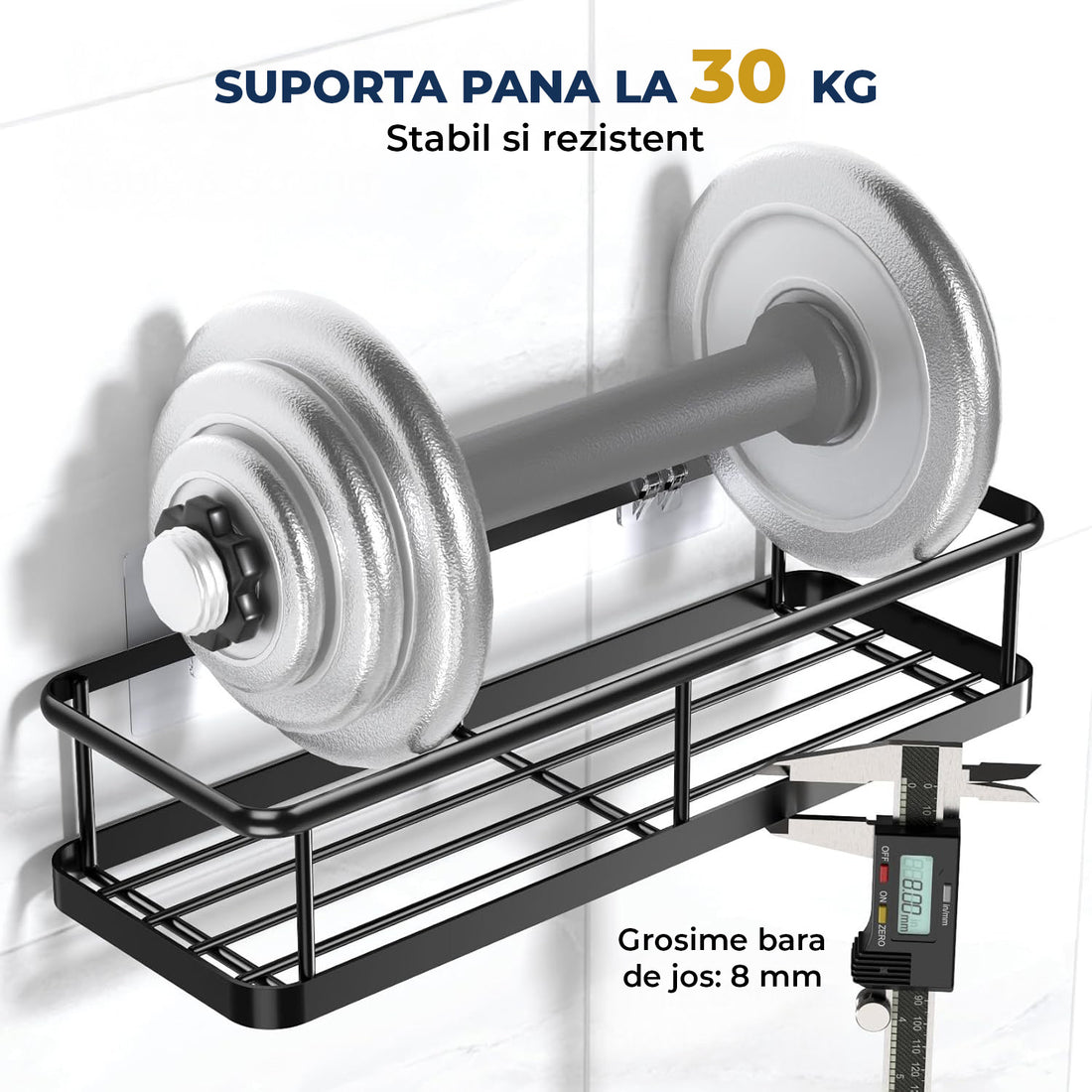 Set 2 Rafturi de Dus Elindor® Polita cu Adeziv, Etajera de Baie, Raft cu Carlige, din Metal, Suport Prosop si Sapun, Organizator Baie sau Etajere Depozitare in Bucatarie, Accesorii, 31.5 x 11 x 6.5 cm, Negru