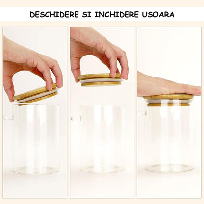 Set 4 Borcane din Sticlă Elindor® pentru Depozitare Alimente, Capace Bambus - 550ml