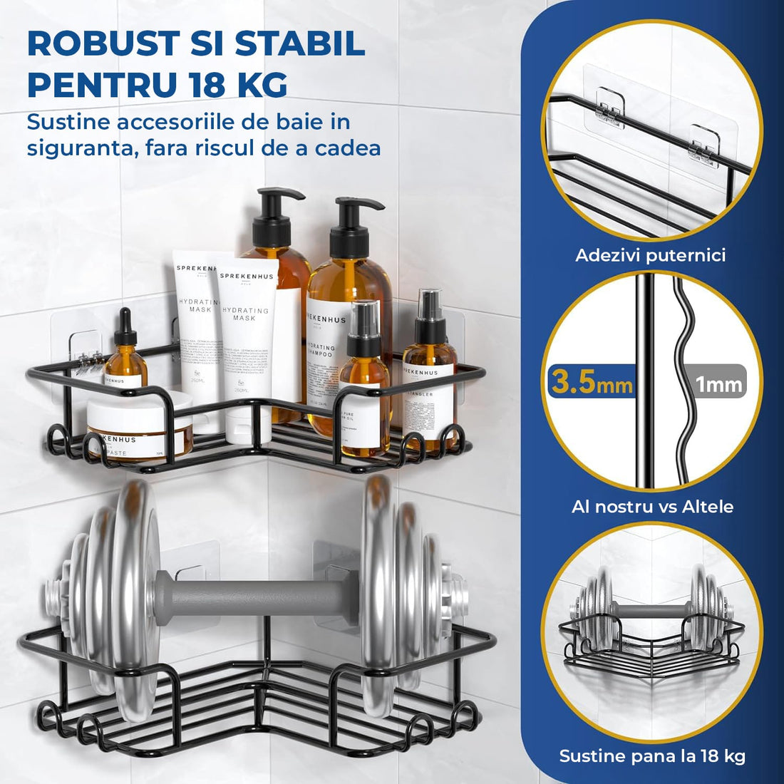 Set 3 Rafturi Elindor® Organizator pentru Dus, Sustine 18 kg, Potrivit in Baie, Bucatarie, Negru