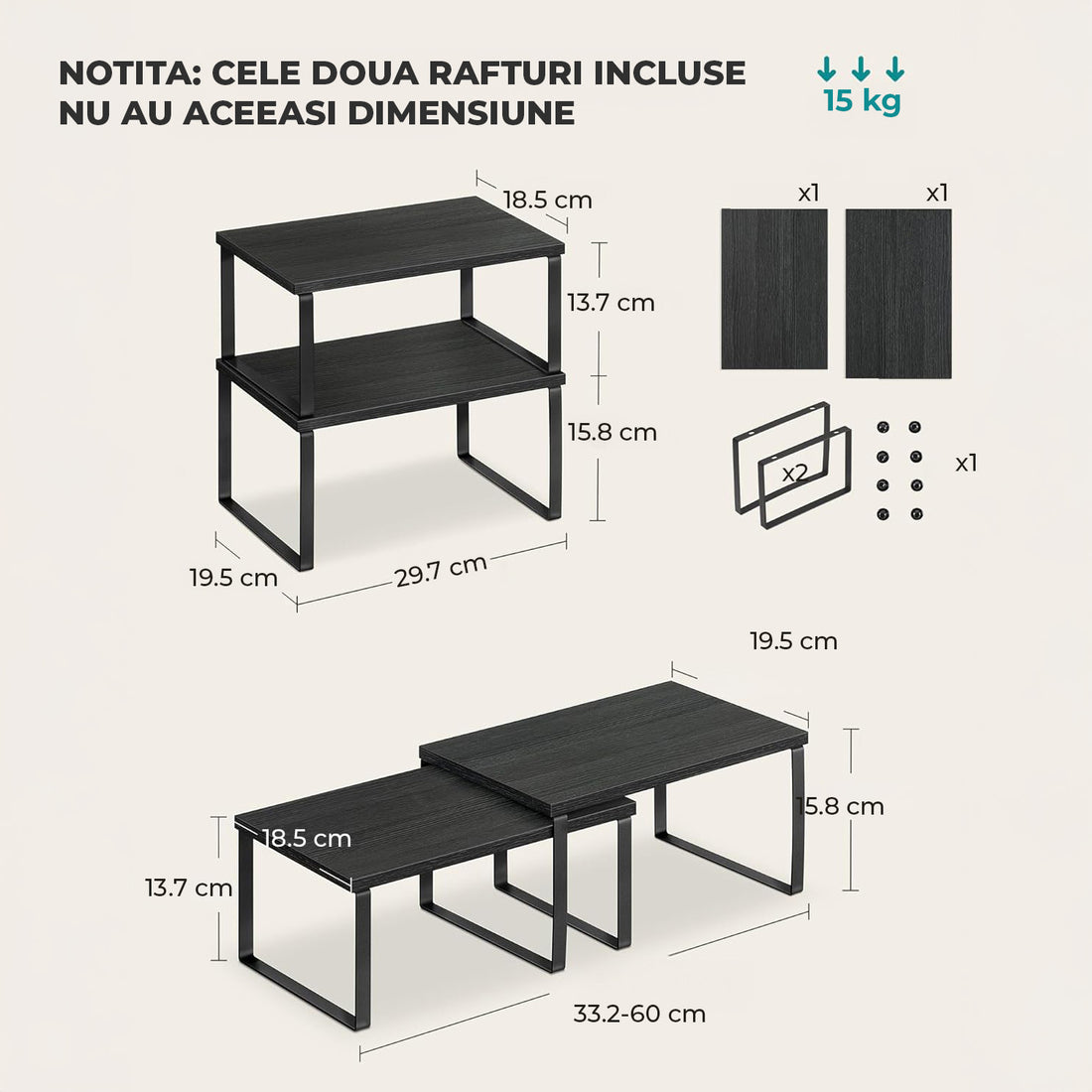 Set 2 Rafturi Elindor® din Bambus, Raft Extensibil si Suprapus pentru Bucatarie, Organizator Metalic Reglabil, Ideal ca Etajera Depozitare in Camara sau Birou, Perfect pentru Condimente, Vesela, Farfurii, Stabil si Compact, Polita pentru Obiecte, Negru
