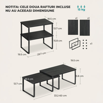 Set 2 Rafturi Elindor® din Bambus, Raft Extensibil si Suprapus pentru Bucatarie, Organizator Metalic Reglabil, Ideal ca Etajera Depozitare in Camara sau Birou, Perfect pentru Condimente, Vesela, Farfurii, Stabil si Compact, Polita pentru Obiecte, Negru