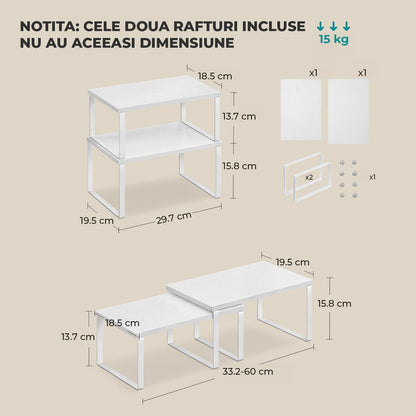 Set 2 Rafturi Elindor® din Bambus, Raft Extensibil si Suprapus pentru Bucatarie, Organizator Metalic Reglabil, Ideal ca Etajera Depozitare in Camara sau Birou, Perfect pentru Condimente, Vesela, Farfurii, Stabil si Compact, Polita pentru Obiecte Diverse,