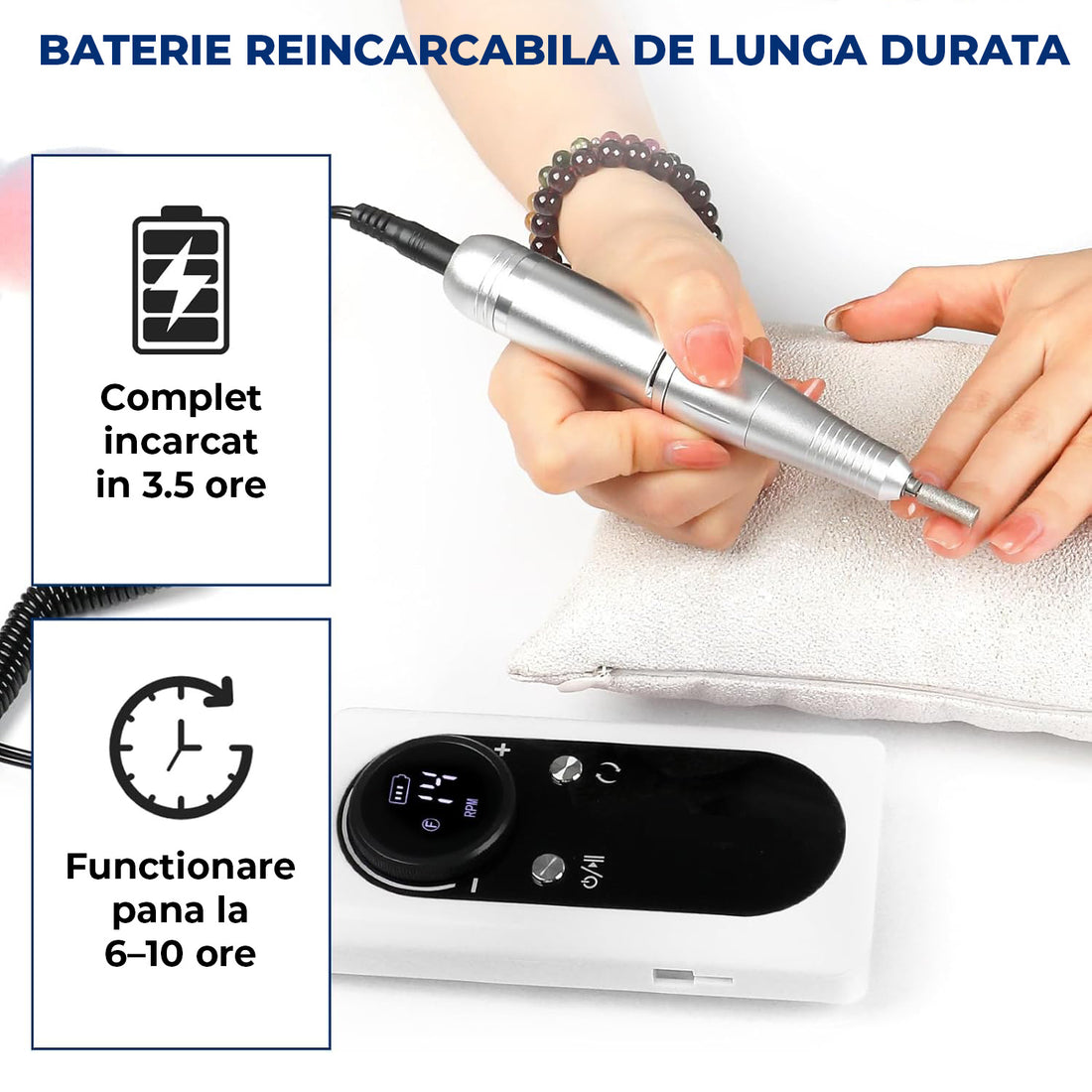 Freza Unghii Electrica Elindor® cu Suport Pila Electrica Reincarcabila, Set Complet de Ingrijire pentru Manichiura si Pedichiura Profesionala, Cuticule sau Calcaie, Ecran LCD, 45000 RPM, Viteza Reglaj Continuu, 6 Capete Detasabile, 6 Benzi Abrazive, Alb