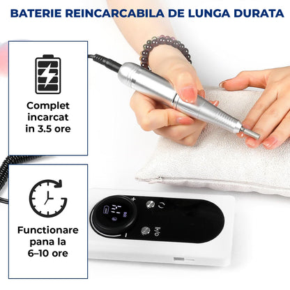 Freza Unghii Electrica Elindor® cu Suport Pila Electrica Reincarcabila, Set Complet de Ingrijire pentru Manichiura si Pedichiura Profesionala, Cuticule sau Calcaie, Ecran LCD, 45000 RPM, Viteza Reglaj Continuu, 6 Capete Detasabile, 6 Benzi Abrazive, Alb