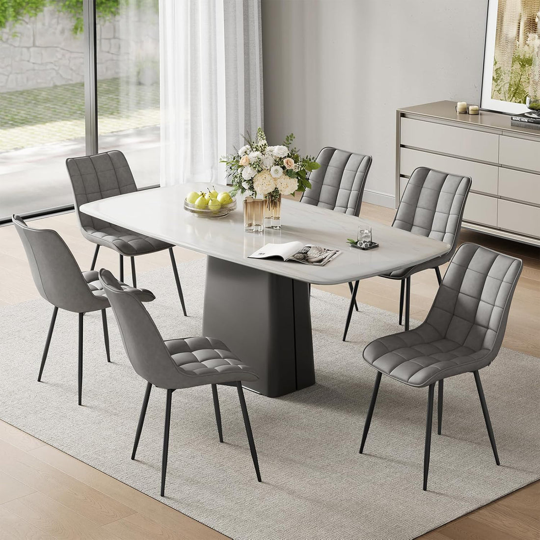 Set 2 Scaune Elindor® Ergonomice, Design Contemporan, Scaun cu Spatar si fara Manere, din Catifea cu Picioare Metalice Negre, Potrivite pentru Living, Bucatarie, Birou, Dormitor, Latime Sezut 46 cm, 85.5 x 45 x 42 cm, Gri