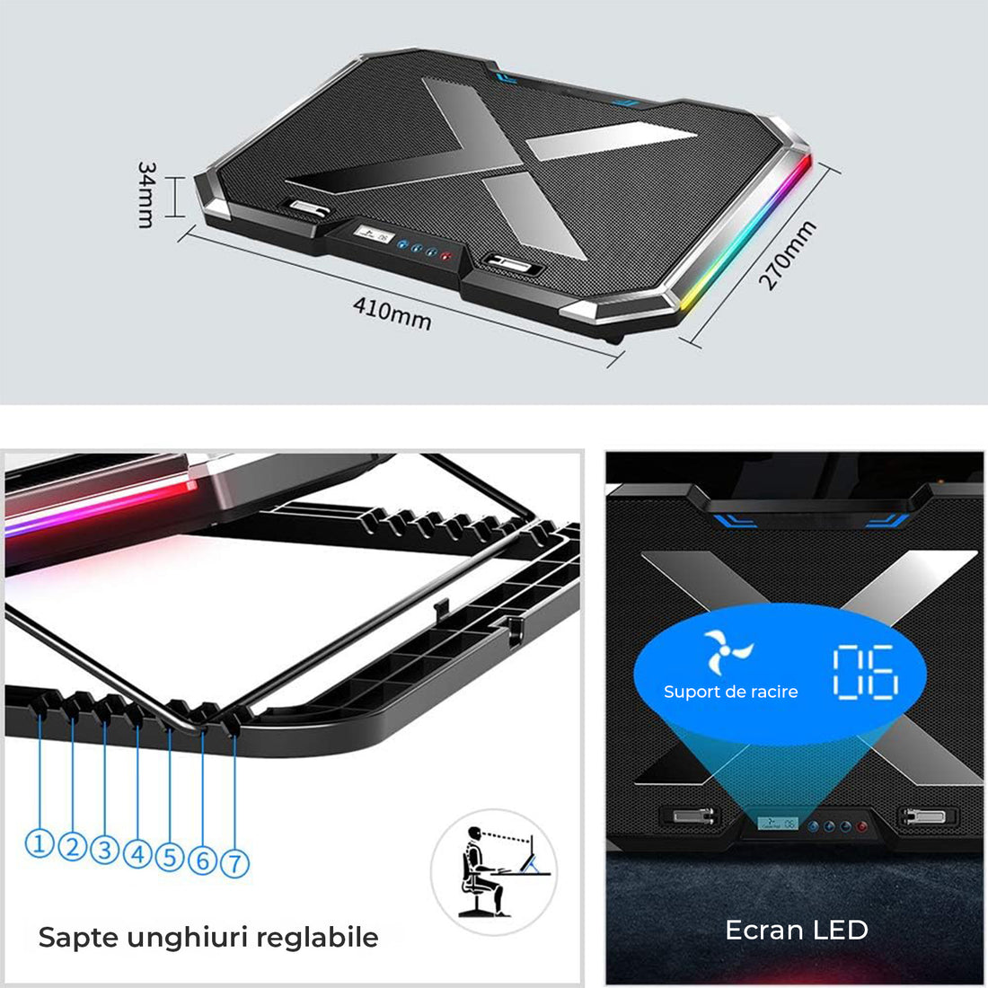 Cooler Laptop Gaming RGB Elindor® Suport cu Unghi Reglabil 7.5-17.5 cm, Dimensiuni Compatabile 15.6-17.3 Inch, 6 Ventilatoare Puternice si Silentioase 20dB cu 6x Viteza Ajustabila, 2 Porturi USB, pentru Birou, Calatorii, 41 x 27 x 3.4 cm, Negru