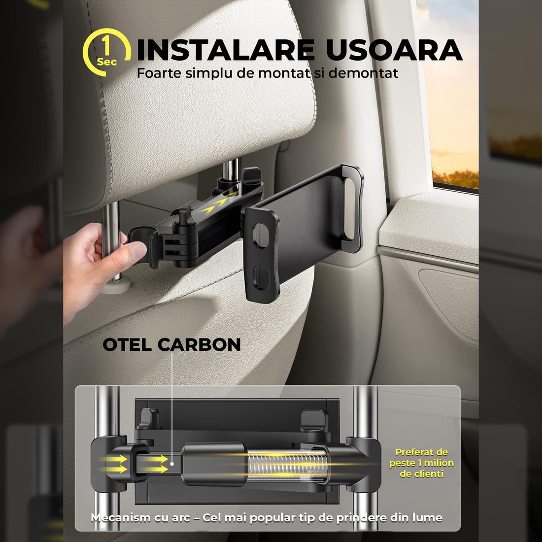 Suport Auto Tableta si Telefon Premium Elindor® pentru Tetiera Scaun, Compatibil 4.4-11 inch, iPad, Samsung Tab, Switch, Smartphones, Universal, Brat Extensibil Ajustabil 360°, Pliabil, Ideal pentru Copii sau Adulti, Accesorii Masina, Negru