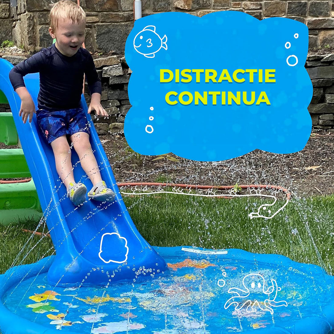 Piscina Gonflabila Elindor® 3-in1, cu Jeturi de Apa pentru Copii, Model Litere si Animale Salbatice, de Interior / Exterior, Distractie si Educatie, Jucarii Bebelusi si Copii, Instalare Rapida, Diametru 1 m, Bleumarin