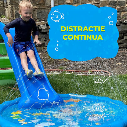 Piscina Gonflabila Elindor® 3-in1, cu Jeturi de Apa pentru Copii, Model Litere si Animale Salbatice, de Interior / Exterior, Distractie si Educatie, Jucarii Bebelusi si Copii, Instalare Rapida, Diametru 1 m, Bleumarin